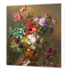 Bos bloemen in een vaas met een schelp - Formaat: Standaard - Vorm: Vierkant - Blanco kaart - Op deze wenskaart staat een bos bloemen in een vaas met een grote schelp ernaast. De achtergrond is groen met een gele gloed. - Snelwenskaart
