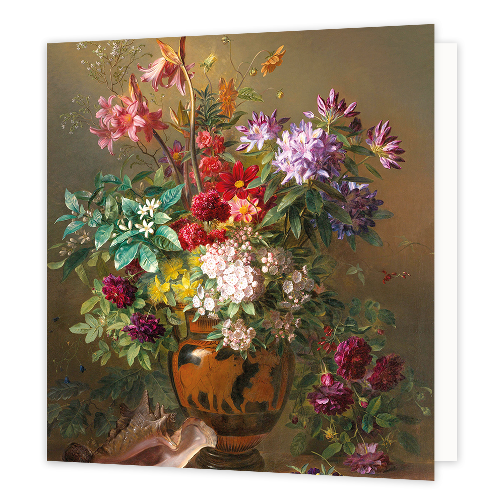 Op deze wenskaart staat een bos bloemen in een vaas met een grote schelp ernaast. De achtergrond is groen met een gele gloed.