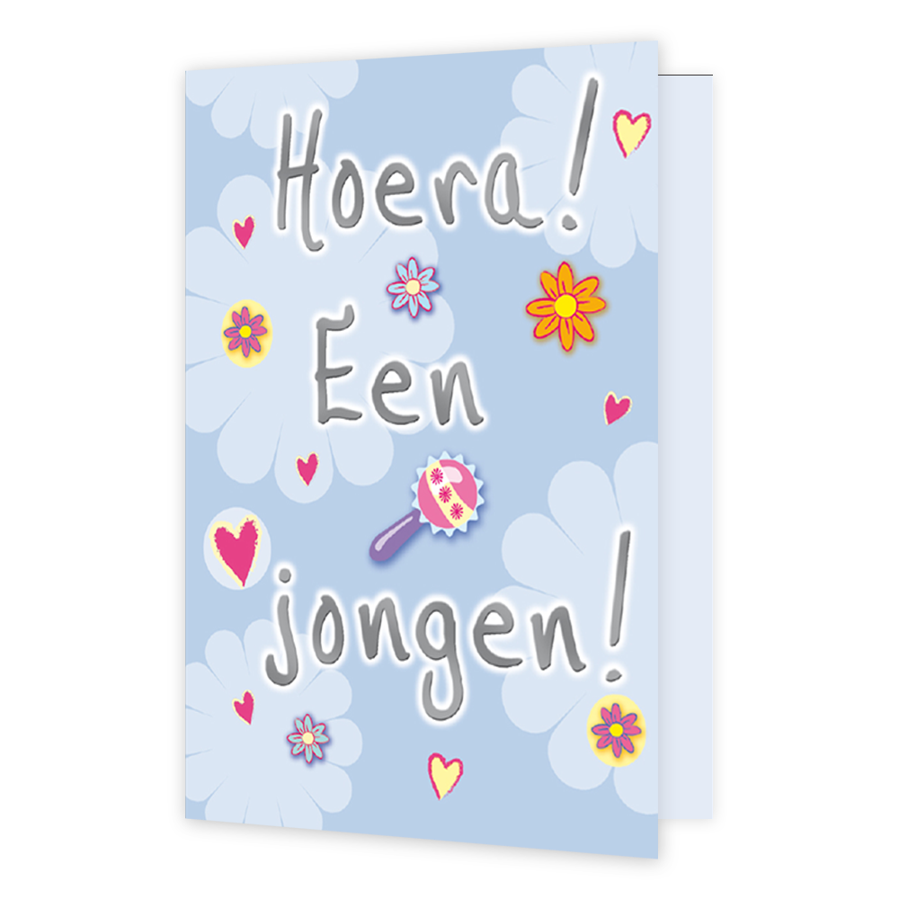 Hoera, een jongen! - Formaat: Normaal - Vorm: Staand - Geboortekaart - Op deze wenskaart staan bloemen en hartjes met een rammelaar. In het midden staat de tekst: "Hoera! Een jongen!". - Snelwenskaart