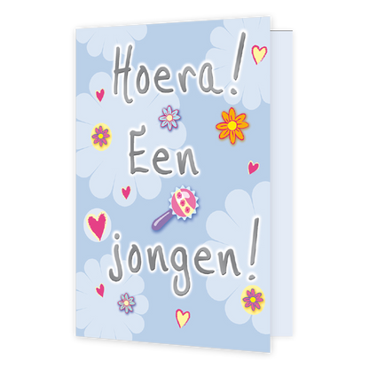 Hoera, een jongen! - Formaat: Normaal - Vorm: Staand - Geboortekaart - Op deze wenskaart staan bloemen en hartjes met een rammelaar. In het midden staat de tekst: "Hoera! Een jongen!". - Snelwenskaart