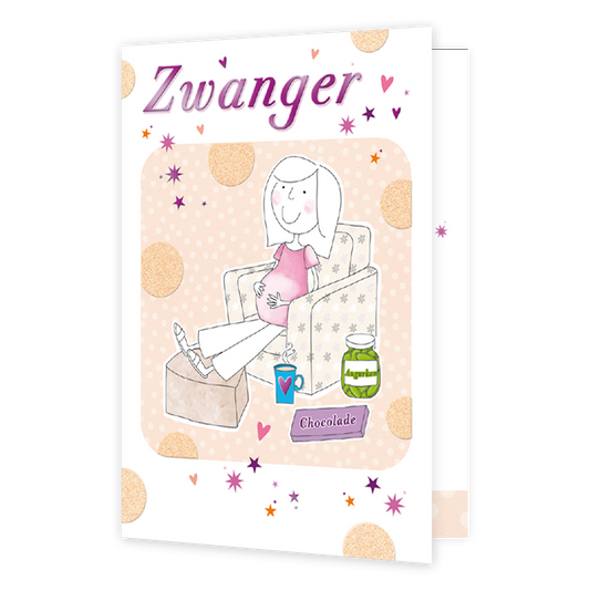 Zwanger - Formaat: Normaal - Vorm: Staand - Zwanger kaart - Op deze wenskaart staat een zwangere vrouw die op een stoel zit met een pot augurken, reep chocolade en kop met warme drank naast zich. Bovende illustratie staat te tekst: "Zwanger". - Snelwenskaart