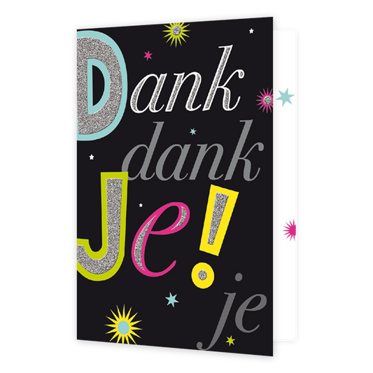 Dank je! - Formaat: Normaal - Vorm: Staand - Bedankkaart - Op deze wenskaart staan sterren in de kleuren geel en roze op een zwarte achtergrond. Over de gehele wenskaart staat de tekst: "Dank dank je! je". - Snelwenskaart
