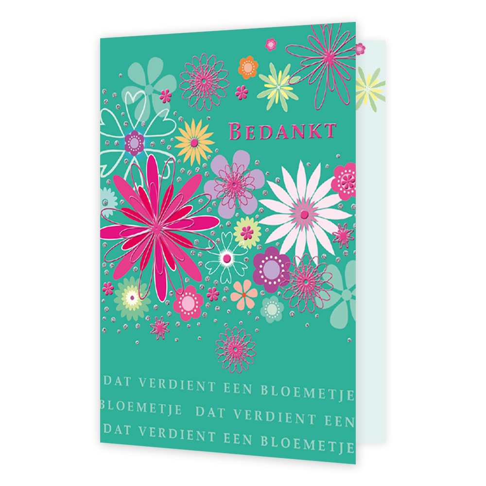Bedankt - Formaat: Normaal - Vorm: Staand - Bedankkaart - Op deze wenskaart staan bloemen in de kleuren roze, paars, wit, oranje en geel, op een groene achtergrond. Rechts bovenin staat de tekst: "Bedankt" en onderin staat de tekst: "Dat verdient een bloemetje", verdeelt over drie rijen. - Snelwenskaart
