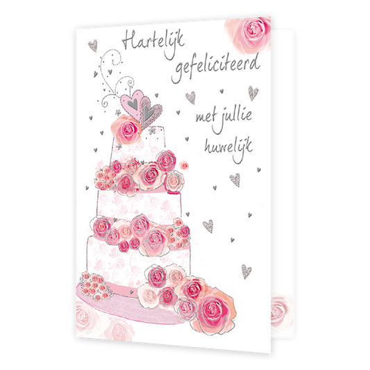 Hartelijk gefeliciteerd met jullie huwelijk - Formaat: Normaal - Vorm: Staand - Huwelijkskaart - Op deze wenskaart staat een drielaags taart met bloemen, op een witte achtergrond. Op de kaart staat de tekst: "Hartelijk gefeliciteerd met jullie huwelijk" omringt door zilveren hartjes. - Snelwenskaart