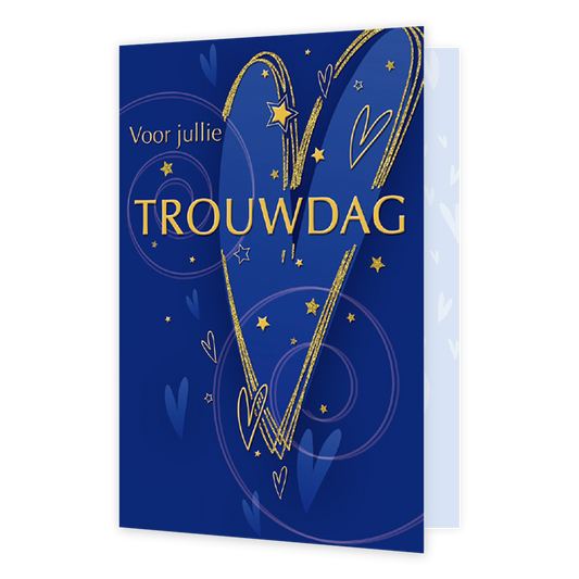 Voor jullie trouwdag - Formaat: Normaal - Vorm: Staand - Huwelijkskaart - Op deze wenskaart is een hart te zien met gouden randen, op een donkerblauwe achtergrond. In het midden staat de tekst: "Voor jullie trouwdag". - Snelwenskaart