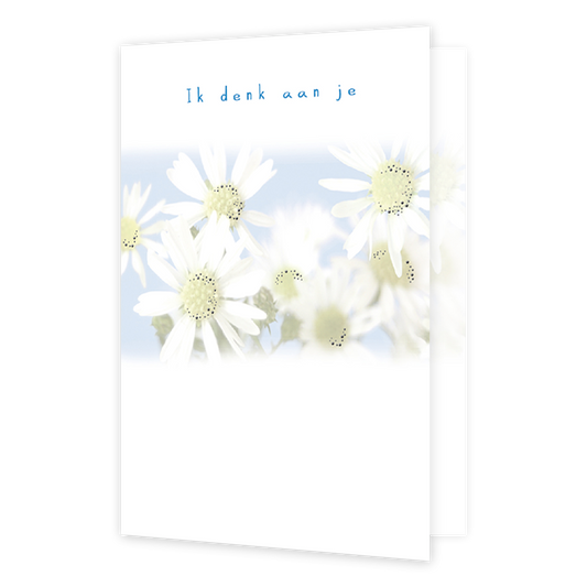 Ik denk aan je - Formaat: Normaal - Vorm: Staand - Condoleance kaart - Op deze wenskaart staan witte bloemen op een blauwe achtergrond met daarboven de tekst: "Ik denk aan je". - Snelwenskaart
