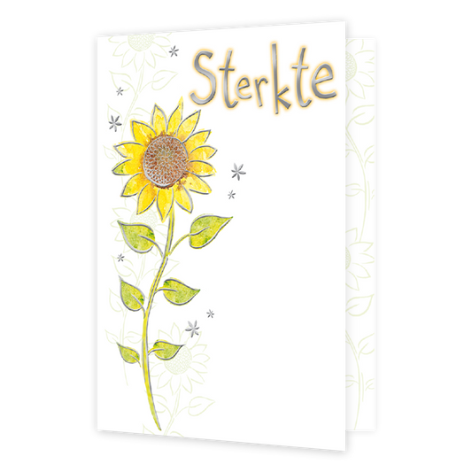 Sterkte - Formaat: Normaal - Vorm: Staand - Condoleance kaart - Op deze wenskaart staat een zonnenbloem, op een witte achtergrond met rechts bovenin de tekst: "Sterkte". - Snelwenskaart