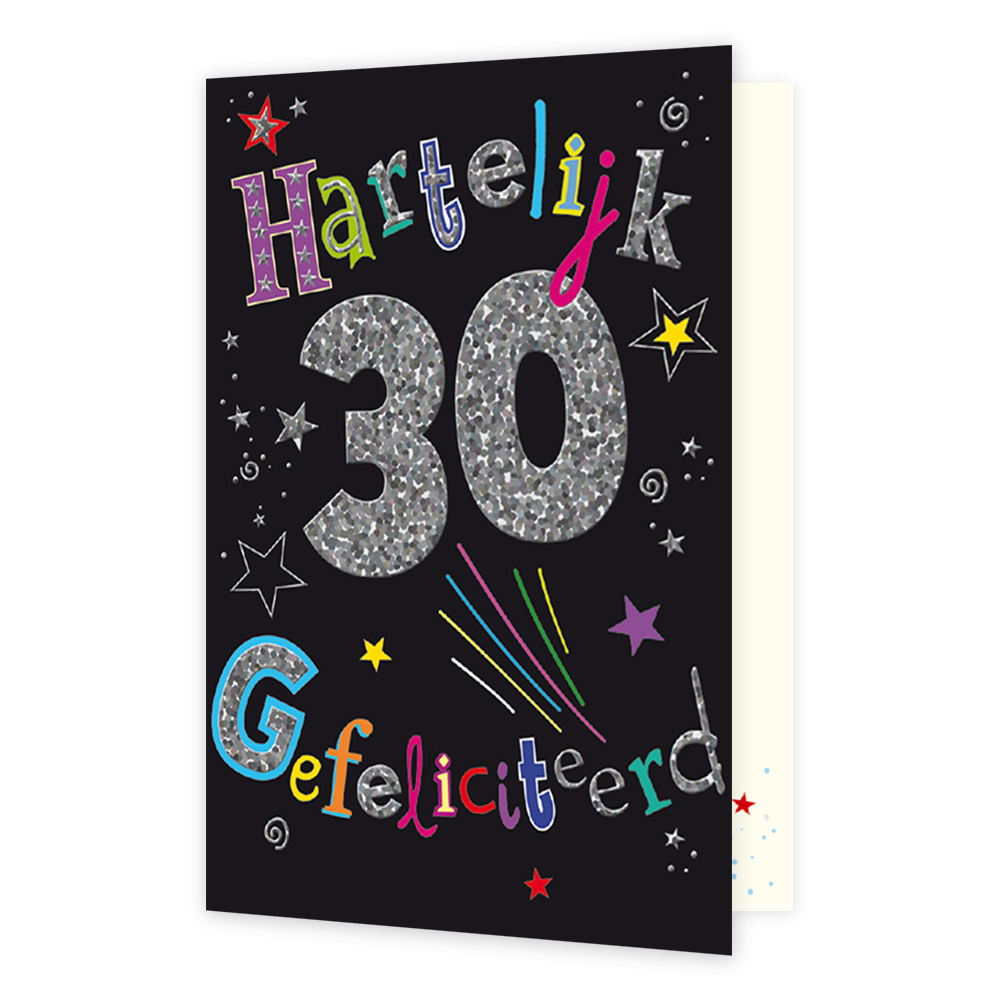 30 Hartelijk gefeliciteerd - Formaat: Standaard - Vorm: Staand - Verjaardagskaart - Op deze wenskaart staan sterren in de kleuren zilver, paars, geel, en rood. Over de gehele kaart staat de tekst: "Hartelijk 30 gefeliciteerd". - Snelwenskaart