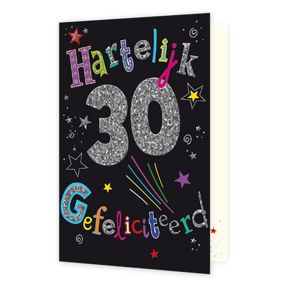 30 Hartelijk gefeliciteerd - Formaat: Standaard - Vorm: Staand - Verjaardagskaart - Op deze wenskaart staan sterren in de kleuren zilver, paars, geel, en rood. Over de gehele kaart staat de tekst: "Hartelijk 30 gefeliciteerd". - Snelwenskaart
