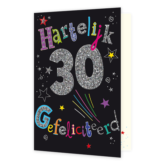 30 Hartelijk gefeliciteerd - Formaat: Normaal - Vorm: Staand - Verjaardagskaart - Op deze wenskaart staan sterren in de kleuren zilver, paars, geel, en rood. Over de gehele kaart staat de tekst: "Hartelijk 30 gefeliciteerd". - Snelwenskaart