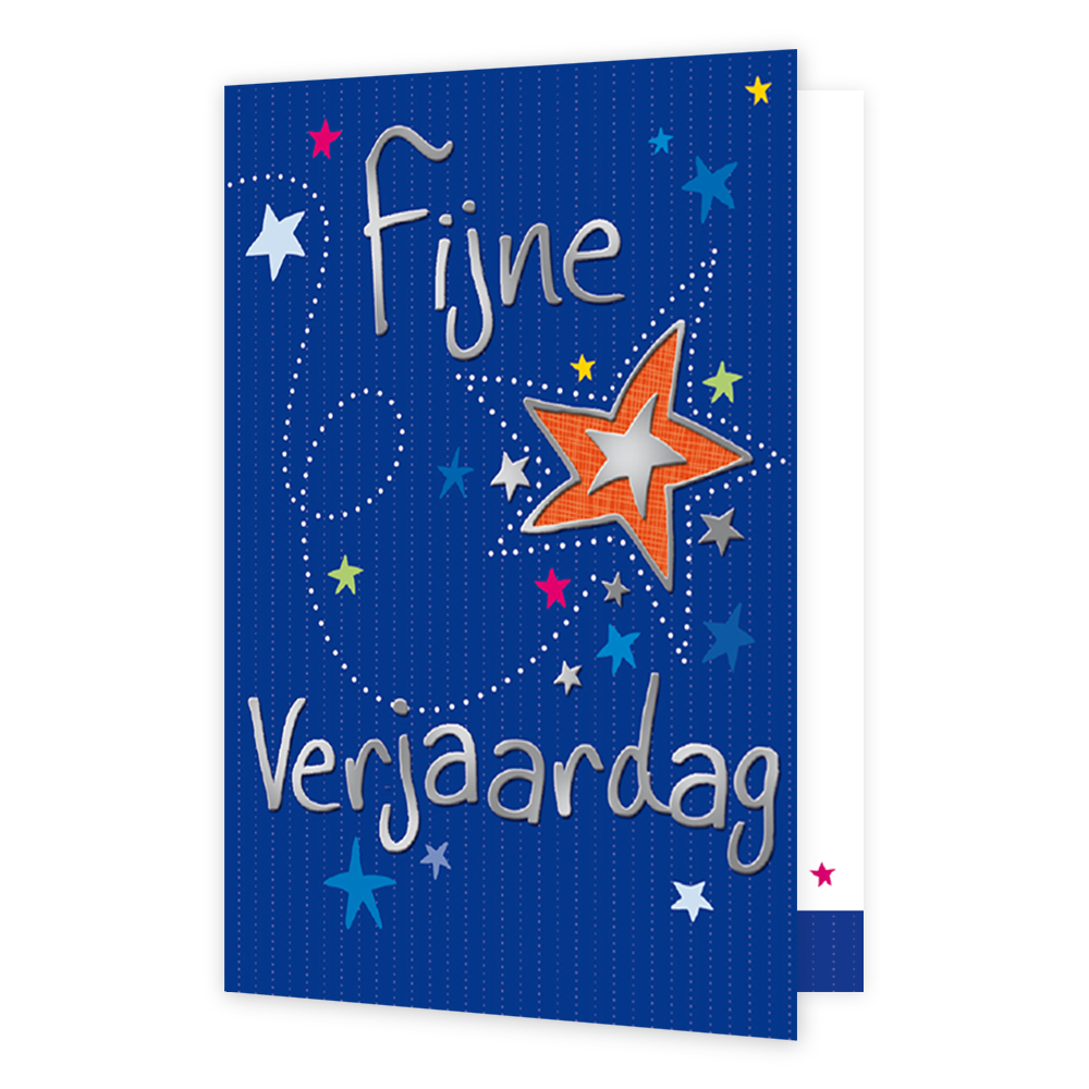 Fijne verjaardag - Formaat: Normaal - Vorm: Staand - Verjaardagskaart - Op deze wenskaart staan sterren in de kleuren blauw, roze, geel, groen en oranje, op een blauwe achtergrond. in het midden staat de tekst: "Fijne verjaardag". - Snelwenskaart