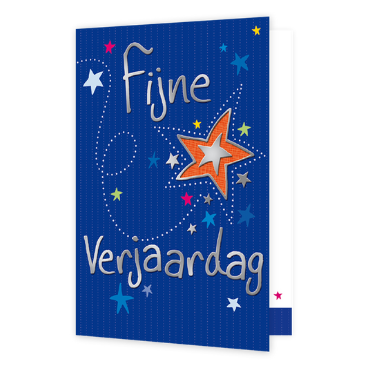 Fijne verjaardag - Formaat: Normaal - Vorm: Staand - Verjaardagskaart - Op deze wenskaart staan sterren in de kleuren blauw, roze, geel, groen en oranje, op een blauwe achtergrond. in het midden staat de tekst: "Fijne verjaardag". - Snelwenskaart