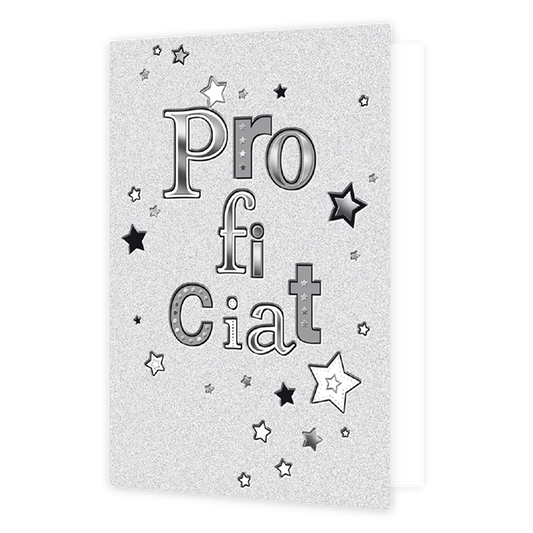 Proficiat - Formaat: Normaal - Vorm: Staand - Complimentenkaart - Op deze wenskaart staan sterren in het wit, zwart en diverse kleuren grijs. In het midden staat de tekst: 'Proficiat". - Snelwenskaart