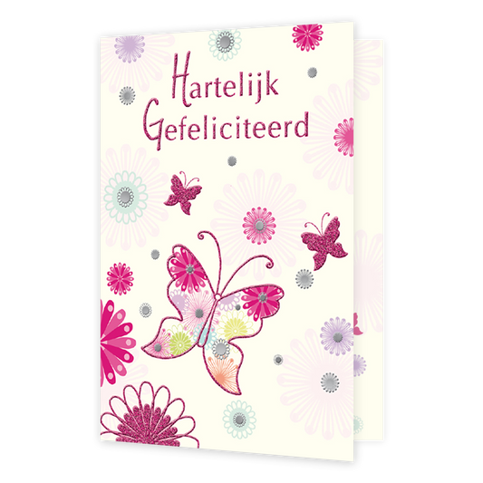Hartelijk Gefeliciteerd - Formaat: Normaal - Vorm: Staand - Verjaardagskaart - Op deze wenskaart staan bloemen en vlinders in de kleuren roze, oranje, blauw en paars. Bovenaan staat de tekst: "Hartelijk gefeliciteerd". - Snelwenskaart