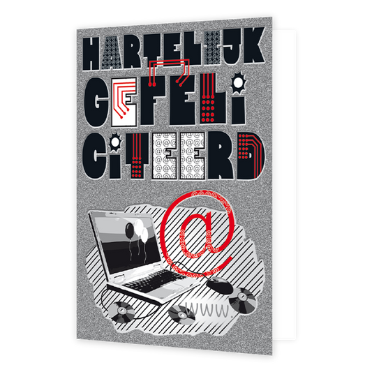 Hartelijk Gefeliciteerd - Formaat: Normaal - Vorm: Staand - Verjaardagskaart - Op deze wenskaart staatn een laptop met cd's en een rode @. Bovenaan staat de tekst: "Hartelijk gefeliciteerd". - Snelwenskaart