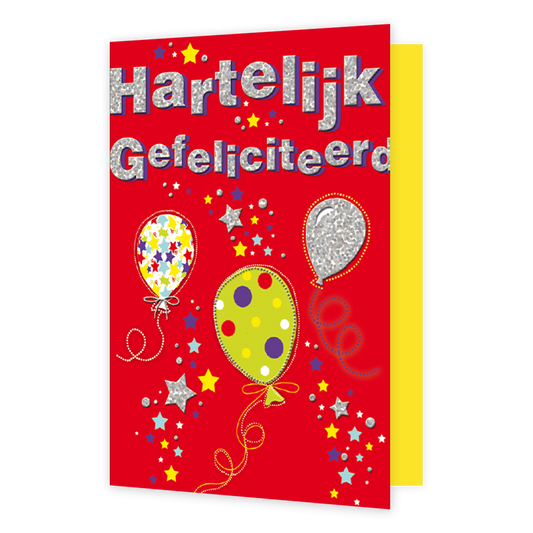 Hartelijk Gefeliciteerd - Formaat: Normaal - Vorm: Staand - Verjaardagskaart - Op deze wenskaart staan ballonnen met daarop sterren en stippen in de kleuren wit, blauw, geel, rood en paars, op een rode achtergrond. Bovenaan staat de tekst: 'Hartelijk gefeliciteerd". - Snelwenskaart