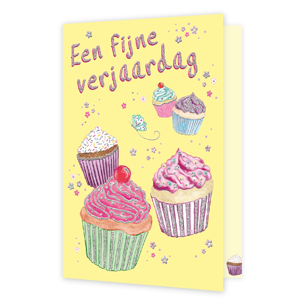 Een fijne verjaardag - Formaat: Normaal - Vorm: Staand - Verjaardagskaart - Op deze wenskaart staan cupcakes in de kleuren roze, wit, paars, blauw en groen, op een gele achtergrond. Bovenaan staat de tekst: "Een fijne verjaardag". - Snelwenskaart