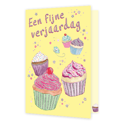 Een fijne verjaardag - Formaat: Normaal - Vorm: Staand - Verjaardagskaart - Op deze wenskaart staan cupcakes in de kleuren roze, wit, paars, blauw en groen, op een gele achtergrond. Bovenaan staat de tekst: "Een fijne verjaardag". - Snelwenskaart