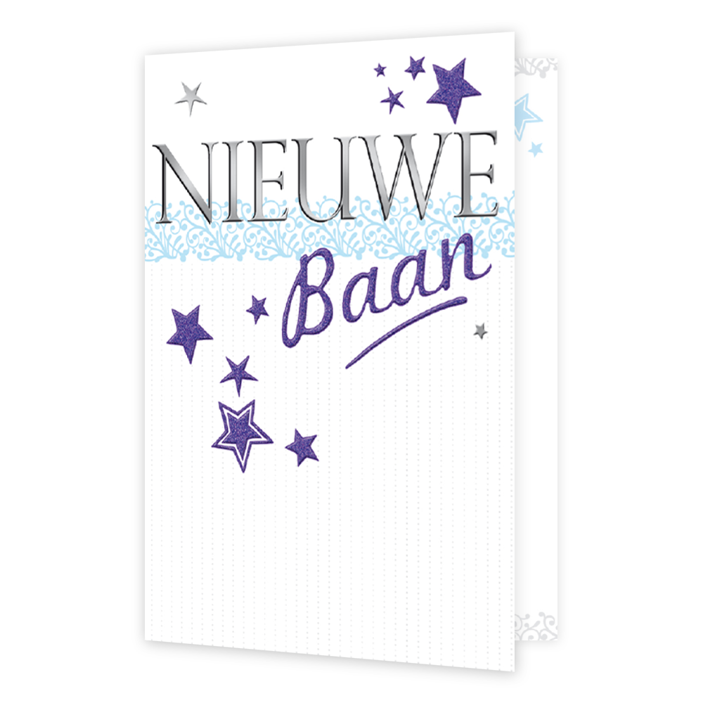 Nieuwe Baan - Formaat: Normaal - Vorm: Staand - Succes kaart - Op deze kaart staan paarse sterren op een witte achtergrond met de tekst: "Nieuwe baan". - Snelwenskaart
