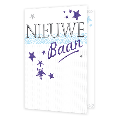 Nieuwe Baan - Formaat: Normaal - Vorm: Staand - Succes kaart - Op deze kaart staan paarse sterren op een witte achtergrond met de tekst: "Nieuwe baan". - Snelwenskaart