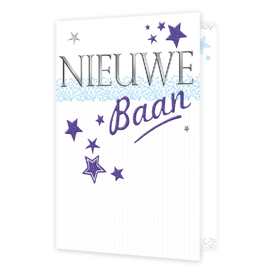 Nieuwe Baan - Formaat: Normaal - Vorm: Staand - Succes kaart - Op deze kaart staan paarse sterren op een witte achtergrond met de tekst: "Nieuwe baan". - Snelwenskaart