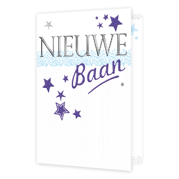Nieuwe Baan - Formaat: Normaal - Vorm: Staand - Succes kaart - Op deze kaart staan paarse sterren op een witte achtergrond met de tekst: "Nieuwe baan". - Snelwenskaart