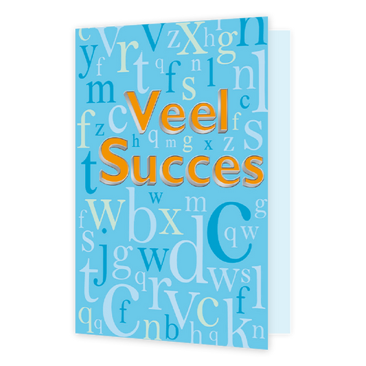 Veel succes - Formaat: Normaal - Vorm: Staand - Succes kaart - Op deze wenskaart staat de tekst: "Veel succes" in het oranje, omrichting door letters in het blauw. - Snelwenskaart