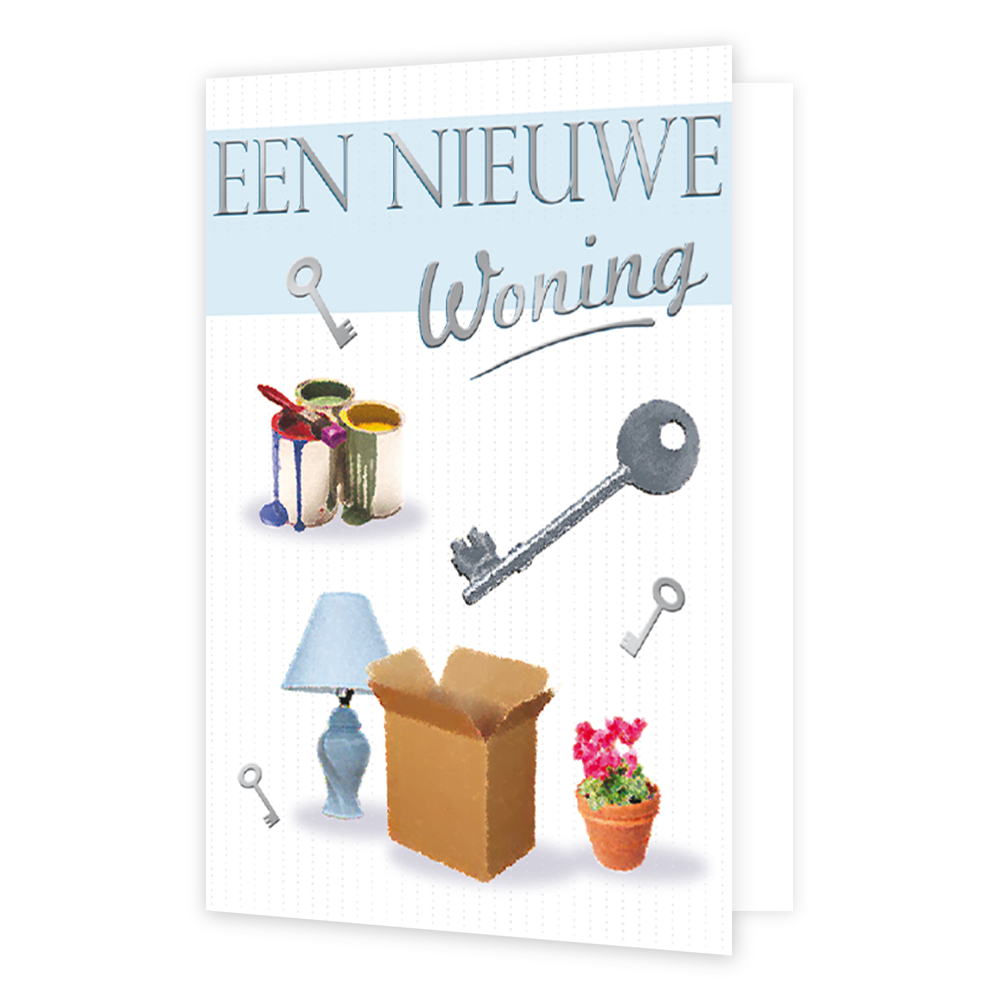 Een nieuwe woning - Formaat: Normaal - Vorm: Staand - Woningkaart - Op deze wenskaart staan sleutels, potten verf, een lamp, een verhuisdoos en een bloempot. Bovenaan staat de tekst: "Een nieuwe woning". - Snelwenskaart