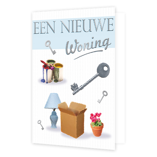Een nieuwe woning - Formaat: Normaal - Vorm: Staand - Woningkaart - Op deze wenskaart staan sleutels, potten verf, een lamp, een verhuisdoos en een bloempot. Bovenaan staat de tekst: "Een nieuwe woning". - Snelwenskaart