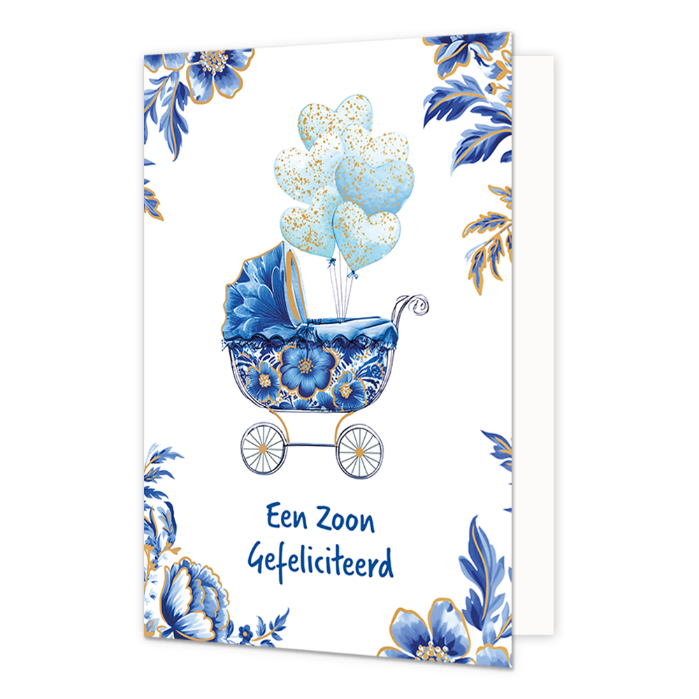 Een zoon gefeliciteerd - Formaat: Normaal - Vorm: Staand - Geboortekaart - Op deze wenskaart staat centraal een blauw-wit gedecoreerde kinderwagen afgebeeld met bloemmotieven in de stijl van Delfts blauw, afgewerkt met gouden details en fijne spaken in de wielen. Uit de kinderwagen stijgt een tros lichtblauwe, hartvormige ballonnen op die zijn versierd met gouden glitters. De hoeken van de kaart zijn gedecoreerd met bijpassende blauwe bloemen en bladeren met gouden randen tegen een witte achtergrond. Onder