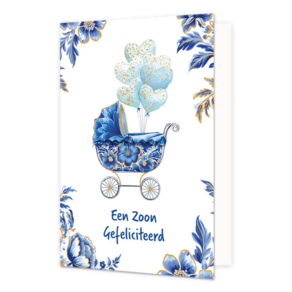 Een zoon gefeliciteerd - Formaat: Normaal - Vorm: Staand - Geboortekaart - Op deze wenskaart staat centraal een blauw-wit gedecoreerde kinderwagen afgebeeld met bloemmotieven in de stijl van Delfts blauw, afgewerkt met gouden details en fijne spaken in de wielen. Uit de kinderwagen stijgt een tros lichtblauwe, hartvormige ballonnen op die zijn versierd met gouden glitters. De hoeken van de kaart zijn gedecoreerd met bijpassende blauwe bloemen en bladeren met gouden randen tegen een witte achtergrond. Onder