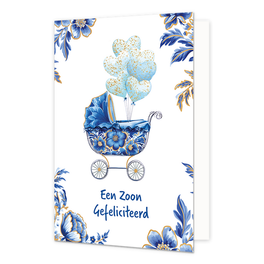 Een zoon gefeliciteerd - Formaat: Normaal - Vorm: Staand - Geboortekaart - Op deze wenskaart staat centraal een blauw-wit gedecoreerde kinderwagen afgebeeld met bloemmotieven in de stijl van Delfts blauw, afgewerkt met gouden details en fijne spaken in de wielen. Uit de kinderwagen stijgt een tros lichtblauwe, hartvormige ballonnen op die zijn versierd met gouden glitters. De hoeken van de kaart zijn gedecoreerd met bijpassende blauwe bloemen en bladeren met gouden randen tegen een witte achtergrond. Onder