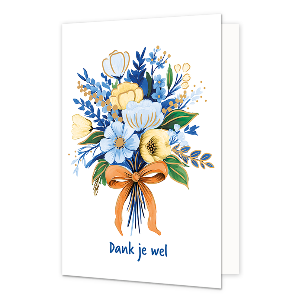 Dank je wel - Formaat: Normaal - Vorm: Staand - Bedankkaart - Op deze wenskaart staat centraal een boeket bloemen afgebeeld met diverse blauwe, witte, gele en goudkleurige bloemen en groene bladeren, die bij elkaar worden gehouden door een grote, oranje strik. De gehele bloemenillustratie is geplaatst tegen een effen witte achtergrond zonder verdere hoekversieringen. Onderaan de afbeelding staat in blauwe, handgeschreven letters de tekst "Dank je wel". - Snelwenskaart