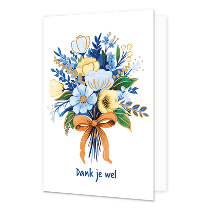 Dank je wel - Formaat: Normaal - Vorm: Staand - Bedankkaart - Op deze wenskaart staat centraal een boeket bloemen afgebeeld met diverse blauwe, witte, gele en goudkleurige bloemen en groene bladeren, die bij elkaar worden gehouden door een grote, oranje strik. De gehele bloemenillustratie is geplaatst tegen een effen witte achtergrond zonder verdere hoekversieringen. Onderaan de afbeelding staat in blauwe, handgeschreven letters de tekst "Dank je wel". - Snelwenskaart