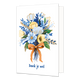 Dank je wel - Formaat: Normaal - Vorm: Staand - Bedankkaart - Op deze wenskaart staat centraal een boeket bloemen afgebeeld met diverse blauwe, witte, gele en goudkleurige bloemen en groene bladeren, die bij elkaar worden gehouden door een grote, oranje strik. De gehele bloemenillustratie is geplaatst tegen een effen witte achtergrond zonder verdere hoekversieringen. Onderaan de afbeelding staat in blauwe, handgeschreven letters de tekst "Dank je wel". - Snelwenskaart