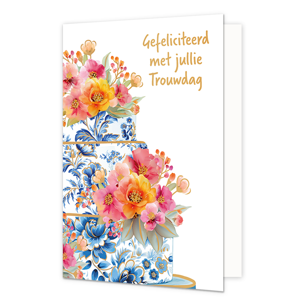Gefeliciteerd met jullie trouwdag - Formaat: Normaal - Vorm: Staand - Huwelijkskaart - Op deze wenskaart staat aan de linkerzijde een gestapelde taart afgebeeld die is gedecoreerd met blauw-witte bloemmotieven in Delfts blauwe stijl en goudkleurige tussenranden. De taartlagen zijn rijkelijk versierd met kleurrijke boeketten van roze, oranje en gele bloemen met groene bladeren. De rechterzijde van de kaart heeft een effen witte achtergrond zonder hoekversieringen. Rechtsboven staat in goudkleurige, handgesc