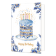 Happy birthday - Formaat: Normaal - Vorm: Staand - Verjaardagskaart - Op deze wenskaart staat centraal op een bordje een verjaardagstaart afgebeeld die rijkelijk is gedecoreerd met blauw-witte bloemmotieven in Delfts blauwe stijl en goudkleurige tussenranden. Bovenop de taart bevindt zich een lichtblauwe glazuurlaag met goudkleurige spikkels waarin negen brandende kaarsjes in verschillende kleuren en patronen staan. De randen en hoeken van de kaart zijn op een witte achtergrond versierd met bijpassende gro