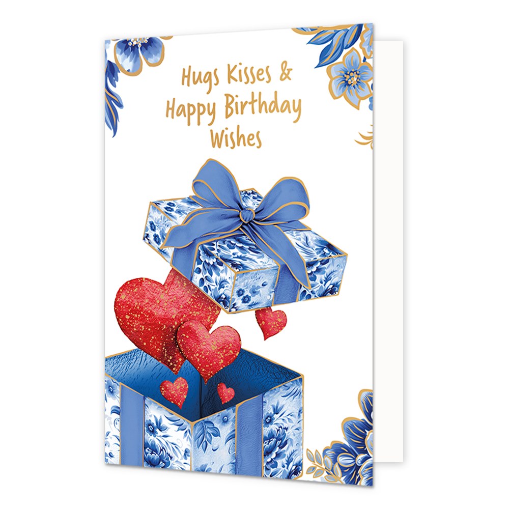 Hugs kisses & happy birthday wishes - Formaat: Normaal - Vorm: Staand - Verjaardagskaart - Op deze wenskaart staat aan de onderzijde een geopende cadeaudoos afgebeeld waaruit rode harten met goudkleurige spikkels omhoog zweven. Zowel de doos als het zwevende deksel met de grote blauwe strik zijn gedecoreerd met blauw-witte bloemmotieven in Delfts blauwe stijl en voorzien van fijne goudkleurige randen. De hoeken van de kaart zijn op een witte achtergrond versierd met bijpassende grote blauwe bloemen en blad