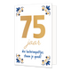 75 jaar - Formaat: Normaal - Vorm: Staand - Verjaardagskaart - Op deze wenskaart staat centraal het grote getal "75" in goudkleurige letters afgebeeld tegen een effen witte achtergrond. In de vier hoeken van de kaart bevindt zich een symmetrisch, traditioneel ornament in blauwe en goudkleurige tinten, geïnspireerd op een klassiek tegelontwerp. Onder het getal staat de handgeschreven tekst "jaar die lachrimpeltjes staan je goed!", waarbij het woord "jaar" in het goud is gedrukt en de zin "die lachrimpeltjes