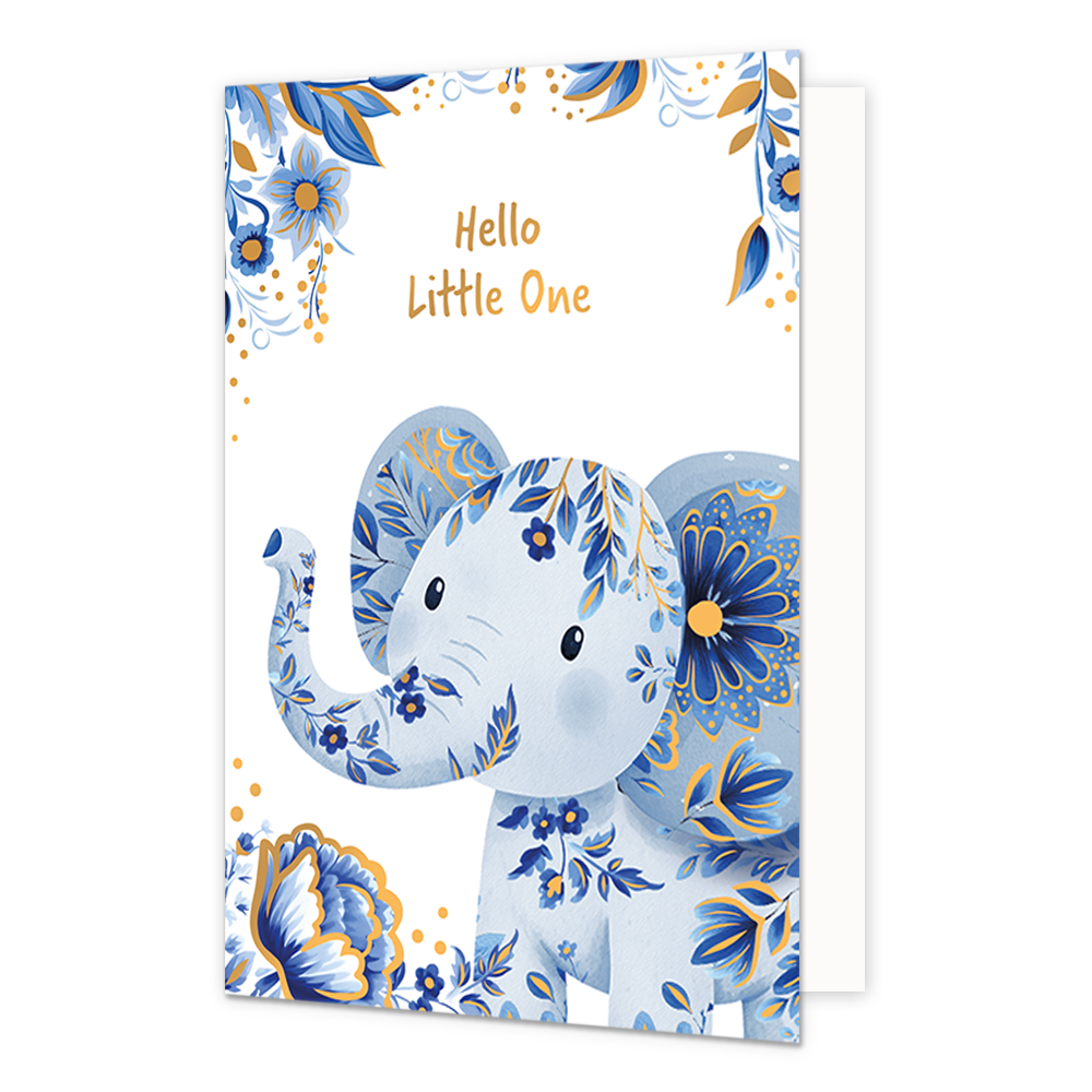 Hello little one - Formaat: Normaal - Vorm: Staand - Geboortekaart - Op deze wenskaart staat aan de onderzijde een jonge, lichtblauwe olifant afgebeeld die rijkelijk gedecoreerd is met blauw-witte bloemmotieven in Delfts blauwe stijl en goudkleurige accenten. De hoeken links- en rechtsboven, evenals de hoek linksonder, zijn versierd met bijpassende grote blauwe bloemen, bladeren en goudkleurige spikkels tegen een witte achtergrond. Centraal aan de bovenzijde staat in goudkleurige letters de tekst "Hello Li
