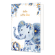 Hello little one - Formaat: Normaal - Vorm: Staand - Geboortekaart - Op deze wenskaart staat aan de onderzijde een jonge, lichtblauwe olifant afgebeeld die rijkelijk gedecoreerd is met blauw-witte bloemmotieven in Delfts blauwe stijl en goudkleurige accenten. De hoeken links- en rechtsboven, evenals de hoek linksonder, zijn versierd met bijpassende grote blauwe bloemen, bladeren en goudkleurige spikkels tegen een witte achtergrond. Centraal aan de bovenzijde staat in goudkleurige letters de tekst "Hello Li