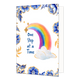 One step at a time - Formaat: Normaal - Vorm: Staand - Beterschapskaart - Op deze wenskaart staat centraal een kleurrijke regenboog afgebeeld die ontspringt uit een witte wolk met goudkleurige spikkels en omringd wordt door goudkleurige sterren. De hoeken en randen van de kaart zijn op een witte achtergrond rijkelijk versierd met grote blauwe bloemen en bladeren in Delfts blauwe stijl, afgewerkt met fijne goudkleurige details. Aan de linkerzijde van de regenboog staat in blauwe letters onder elkaar de teks