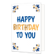 Happy birthday to you - Formaat: Normaal - Vorm: Staand - Verjaardagskaart - Op deze wenskaart staat centraal de tekst "Happy Birthday to You" in grote, speelse letters geschreven tegen een effen witte achtergrond. Hierbij zijn de woorden "Happy" en "to You" in het blauw gedrukt en is het middelste woord "Birthday" in het goud uitgevoerd. In de vier hoeken van de kaart bevindt zich een symmetrisch, traditioneel ornament in blauwe en goudkleurige tinten, geïnspireerd op een klassiek tegelontwerp. - Snelwens