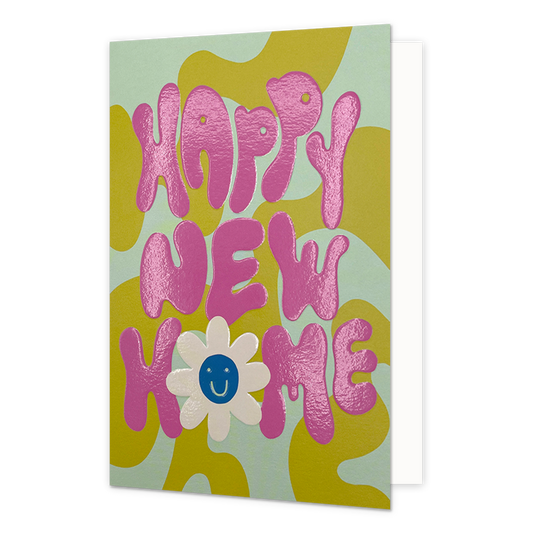 Happy new home - Formaat: Normaal - Vorm: Staand - Woningkaart - Op deze wenskaart staat de tekst: "Happy new home" op een donkergele achtergrond. - Snelwenskaart