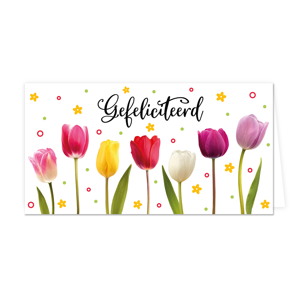 Gefeliciteerd - Formaat: Groot - Vorm: Liggend - Felicitatiekaart - Op deze wenskaart staat tulpen in de kleuren roze, geel, rood, paars en wit met daarboven de tekst: "Gefeliciteerd". - Snelwenskaart