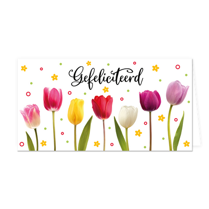 Gefeliciteerd - Formaat: Groot - Vorm: Liggend - Felicitatiekaart - Op deze wenskaart staat tulpen in de kleuren roze, geel, rood, paars en wit met daarboven de tekst: "Gefeliciteerd". - Snelwenskaart