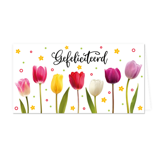 Gefeliciteerd - Formaat: Groot - Vorm: Liggend - Felicitatiekaart - Op deze wenskaart staat tulpen in de kleuren roze, geel, rood, paars en wit met daarboven de tekst: "Gefeliciteerd". - Snelwenskaart