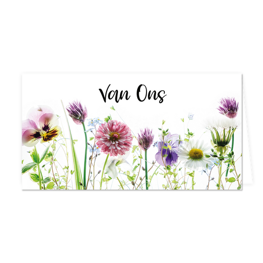 Van ons - Formaat: Groot - Vorm: Liggend - Denken aan kaart - Op deze wenskaart staan bloemen in de kleuren blauw, wit, paars, geel en roze met daarboven de tekst: "Van ons". - Snelwenskaart