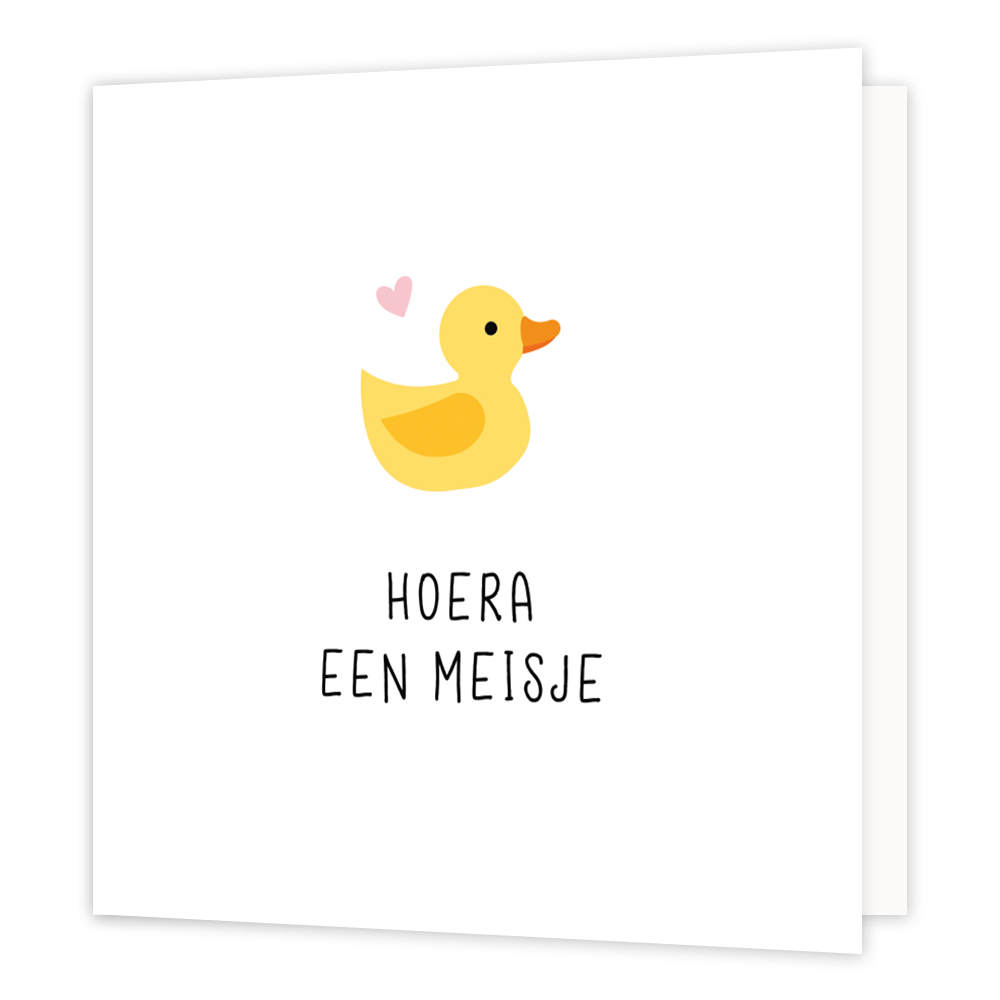 Mini bloemenkaartje - Hoera een meisje - Formaat: Klein - Vorm: Vierkant - Geboortekaart - Op deze wenskaart staat een eentje met een roze hartje en daaronder de tekst: "Hoera een meisje". - Snelwenskaart