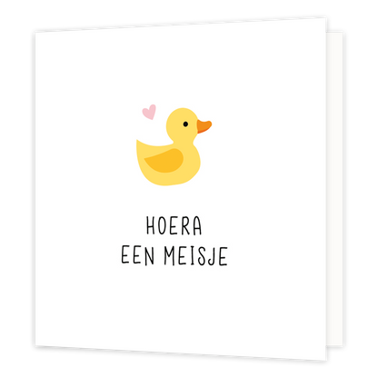 Mini bloemenkaartje - Hoera een meisje - Formaat: Klein - Vorm: Vierkant - Geboortekaart - Op deze wenskaart staat een eentje met een roze hartje en daaronder de tekst: "Hoera een meisje". - Snelwenskaart